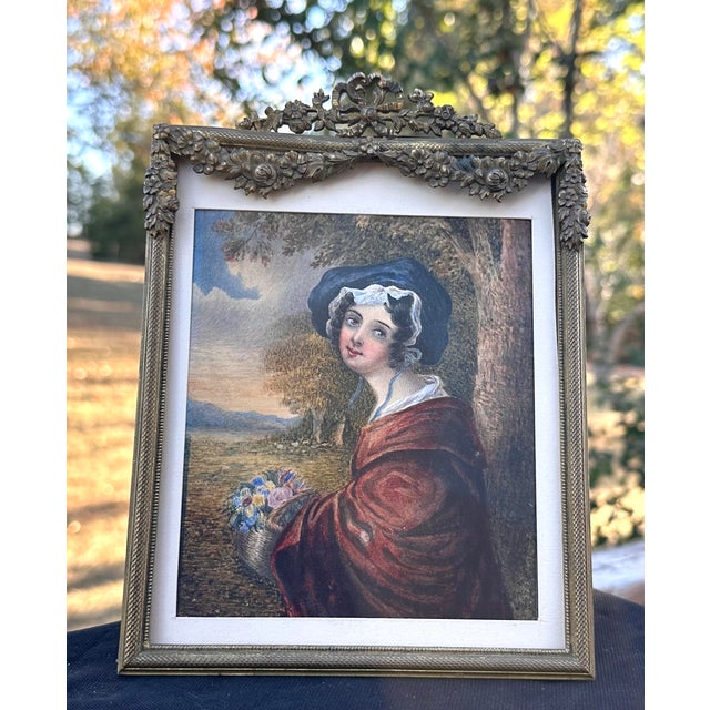 Antique Miniature Portrait Painting of Young Lady in Gilded Ribbon Crest Bow Frame For Sale - Image 18 of 18