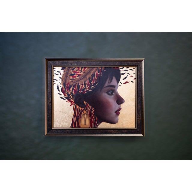 Contemporary Truth by Andrada Trapnell | Oil and Gold Foil on Board Portrait of a woman with a decorative headdress. For Sale - Image 3 of 5