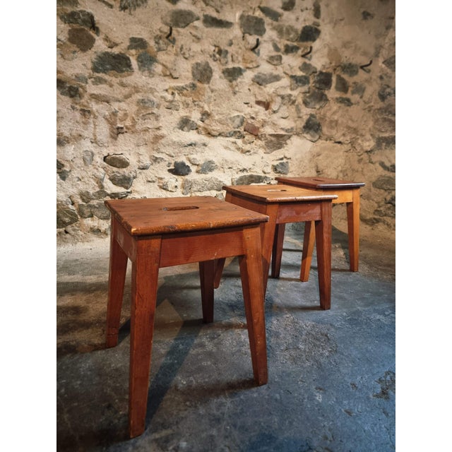 Vintage French Wooden Stools, 1950s, Set of 3 For Sale - Image 6 of 15