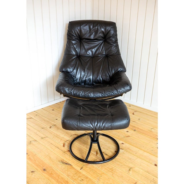 Mid-Century Norwegian Black Leather Stressless Lounge Chair and Ottoman Set from Ekornes, 1980s, Set of 2 For Sale - Image 9 of 18