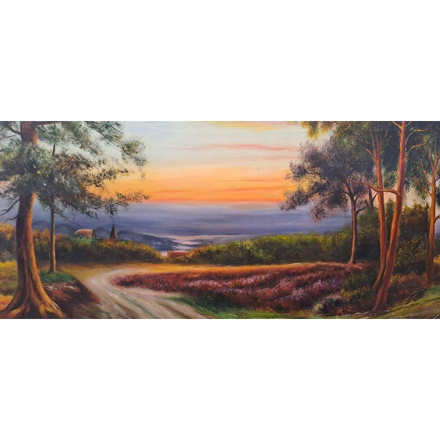 1930s Hilly Landscape at Sunset with a Stream, 20th Century, Oil Painting on Canvas, Framed For Sale - Image 5 of 13