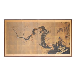 "Pheasant and Sakura", Pre-1964 Showa Era Japanese Painted Byobu Screen For Sale