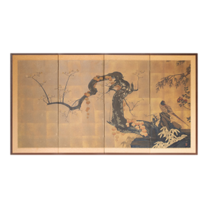 "Pheasant and Sakura", Pre-1964 Showa Era Japanese Painted Byobu Screen