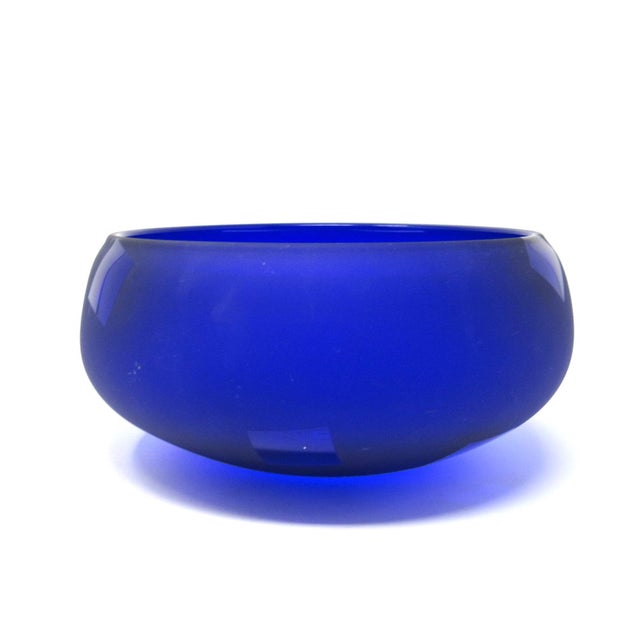 A beautiful hand-blown cobalt-blue satin glass decorative bowl with glossy etched pattern of squares on the exterior...