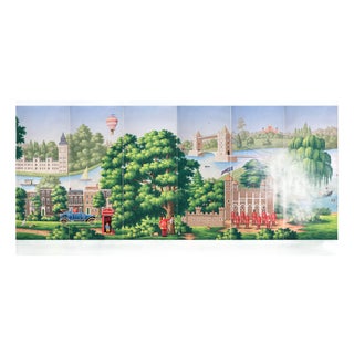 Whimsical London Scenic Hand-Painted Panoramic Wallpaper, 6-Panel Set For Sale