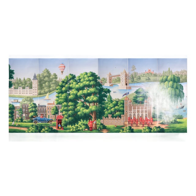 Whimsical London Scenic Hand-Painted Panoramic Wallpaper, 6-Panel Set For Sale