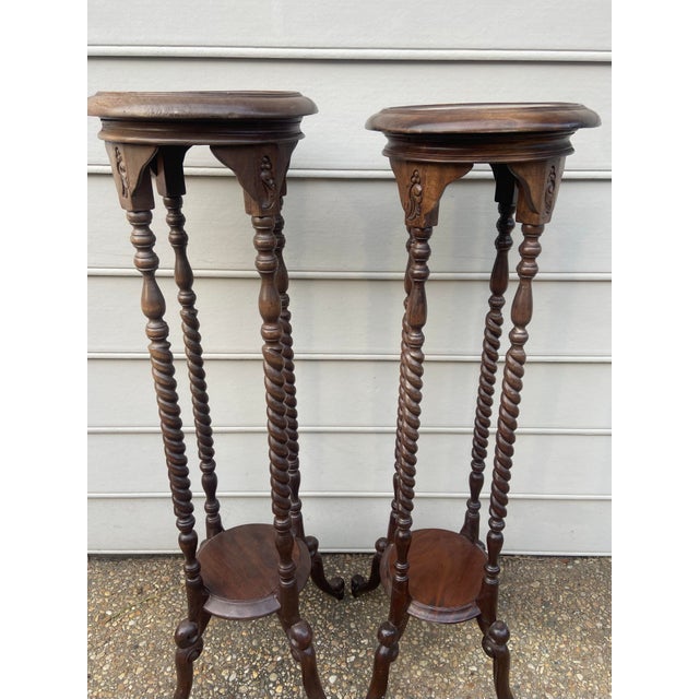 Early 20th Century Victorian Carved Mahogany or Walnut Plant Pedestal Stands Display Columns Torchieres With Turned Legs, a Pair For Sale - Image 9 of 12