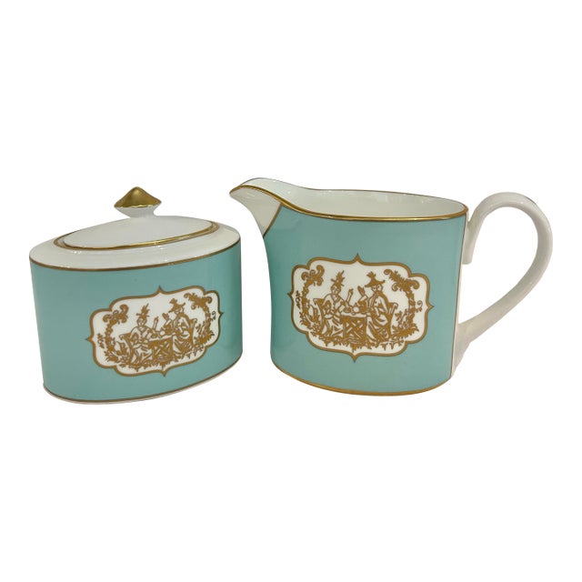 Late 20th Century Fortnum & Mason St James Eau De Nil Chinoiserie Bone China Sugar & Creamer by Caverswall For Sale