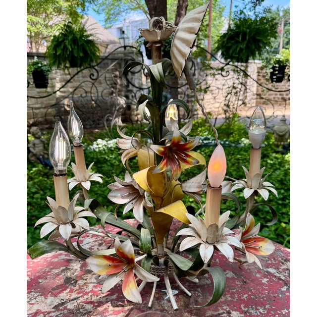 Vintage 1960’s Italian Hand Painted Polychrome 5 Arm Metal Tole Chandelier With Lilies For Sale - Image 11 of 12