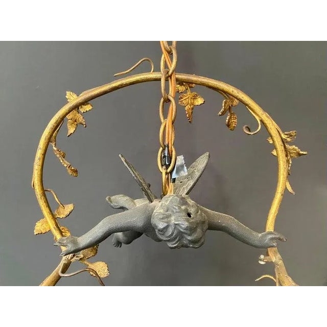 1920s French Art Nouveau Bonze Flying Putto Cherub & Lalique Frosted Glass Tulip Shades For Sale - Image 5 of 11