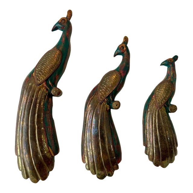 Vintage Wooden "Balinese" Peacock Trio in Brass & Wood For Sale