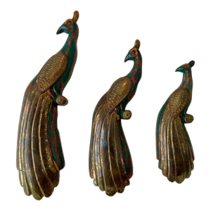 Vintage Wooden "Balinese" Peacock Trio in Brass & Wood