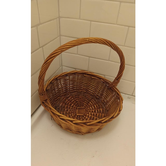Brown Coastal Sculptural Thick Round Basket Decor Piece - Medium Lightweight Brown With Dramatic Fixed Handle For Sale - Image 8 of 9