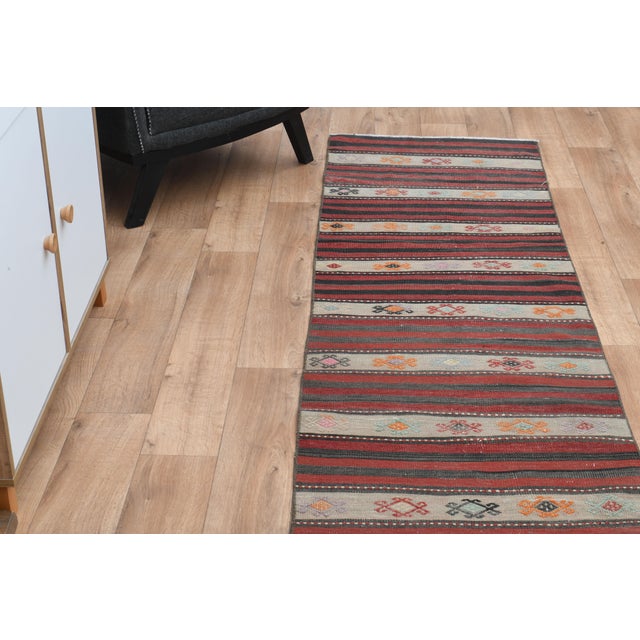 Striped Orange Turkish Vintage Kilim Oushak Handmade Woven Wool Runner Rug For Sale - Image 4 of 11