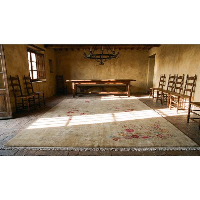 Khaki 1920s Tan Khaki Floral Antique Chinese Art Deco Rug 10'0" X 13'4" Knotted Wool Carpet For Sale - Image 8 of 8
