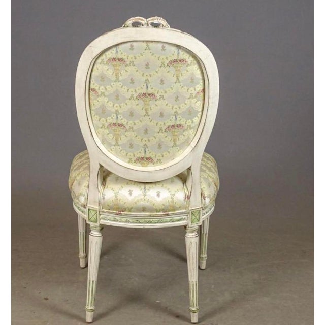 A Single French Louis XV Style Side Chair or Desk Chair Painted White With Green Accents. Floral Pattern Silk or Satin Upholstery 1930s For Sale In New York - Image 6 of 7