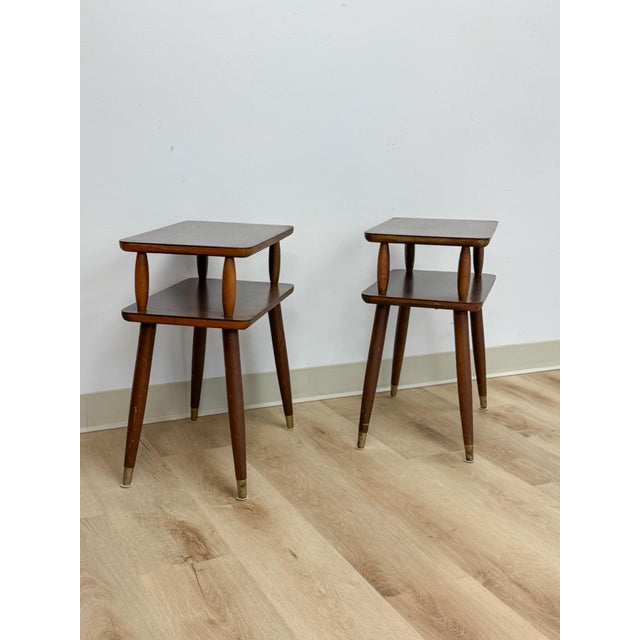 Brown Vintage End Tables MCM Atomic Two-Tier Wood Laminate Pair Retro Accent For Sale - Image 8 of 15