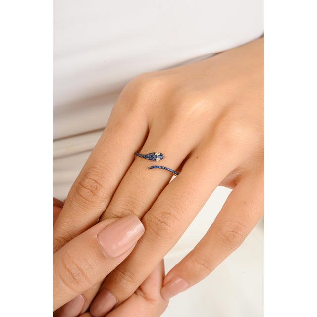 14k Gold Blue Sapphire and Diamond Eye Snake Ring Size 5.5 For Sale - Image 4 of 11
