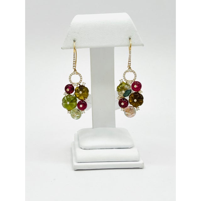 Carved Multi Color Tourmaline and White Diamond Dangle Earrings - 2 Pieces For Sale - Image 4 of 6