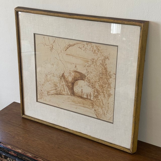 Signed Antimo Beneduce sepia landscape study drawing depicting a bridge and figures within a wooded landscape. Presented...