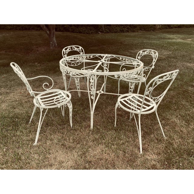 Vintage Victorian Style Chantilly Rose Pattern Wrought Iron Patio Table Base & 4 Chairs For Sale In New York - Image 6 of 7