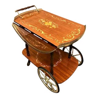 1950s Vintage Italian Rosewood and Marquetry Inlay Drop Leaf Tea Cart For Sale