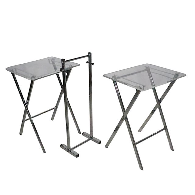 Mid-Century Modern Post Modern Hollywood Regency Lucite Chrome Folding Table Set C 1970's For Sale - Image 3 of 12