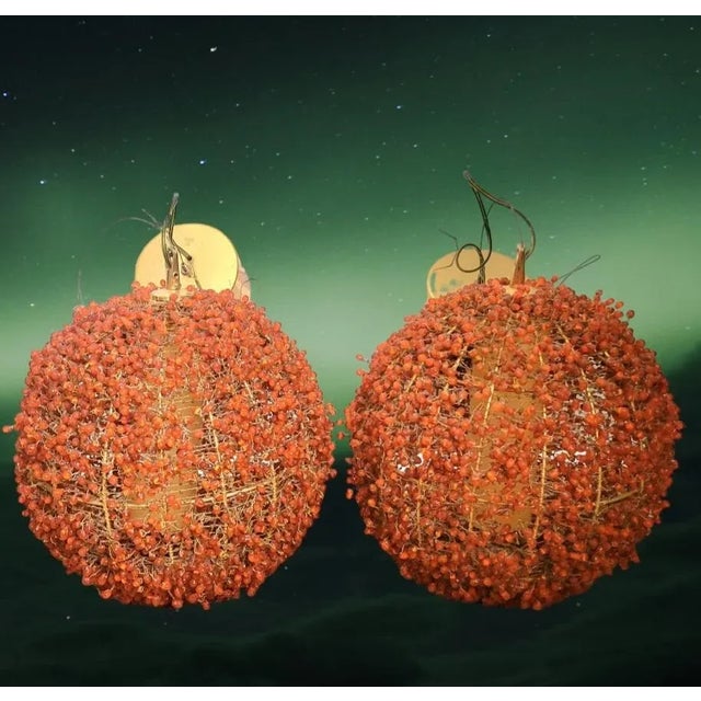 Mid-Century Modern Vintage Orange Glass Beaded Large Round Globe Chandelier Light Fixtures- a Pair For Sale - Image 3 of 12