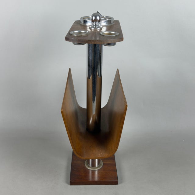 Brown Vintage Floor Standing Ashtray Magazine Rack in Curved Wood and Chromed Metal, 1960s For Sale - Image 8 of 11