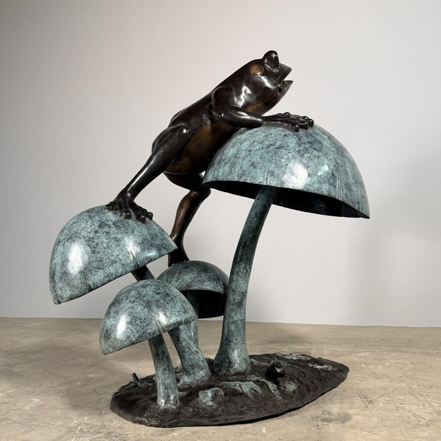 Large Bronze Frog Fountain - Climbing Mushroom Garden Sculpture - 54"h For Sale - Image 11 of 16