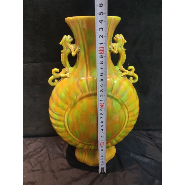Chinese Ceramic Vase Ming Dynasty Hongzhi Marked Yellow Glaze Porcelain Vase Hand Carved Double Dragon Ears For Sale - Image 11 of 11