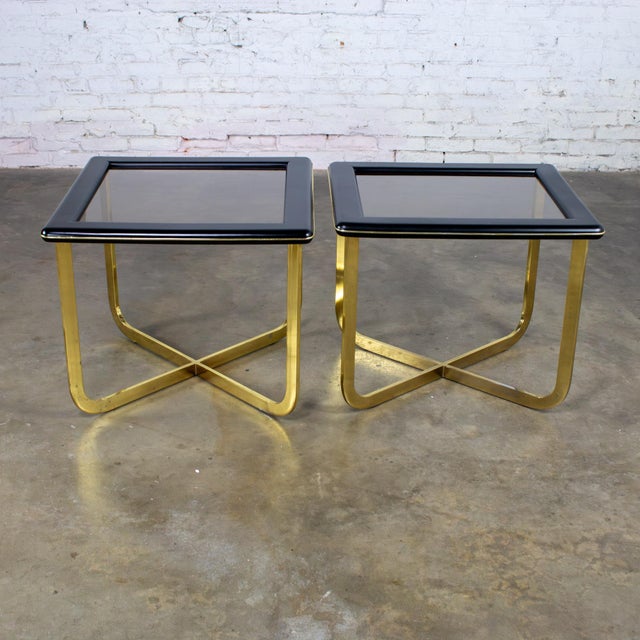 Wood Late 20th Century Modern End or Side Tables 1 Rectangle & 1 Square W/Glass Inset Tops & Brass Plate Bases For Sale - Image 7 of 18