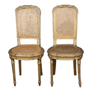Pair French Louis XVI Style Gilded Cane Side Chairs