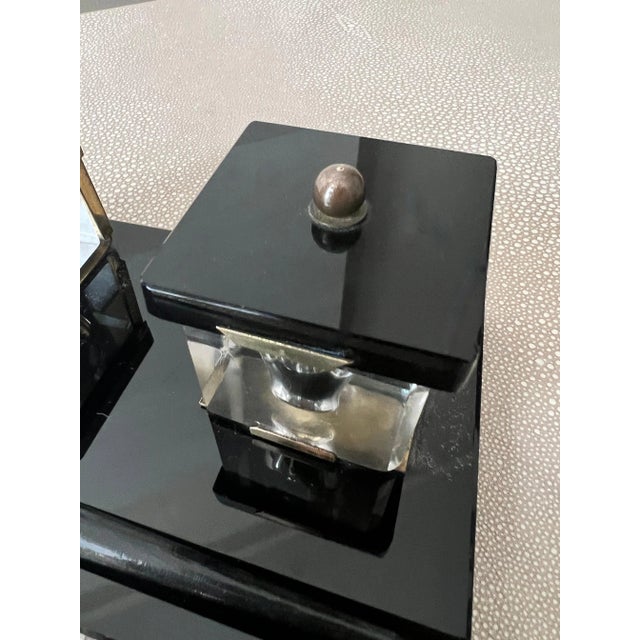 Black Black Glass Ink Well with Brass Accents, Crystal Wells and Dipping Pen For Sale - Image 8 of 12
