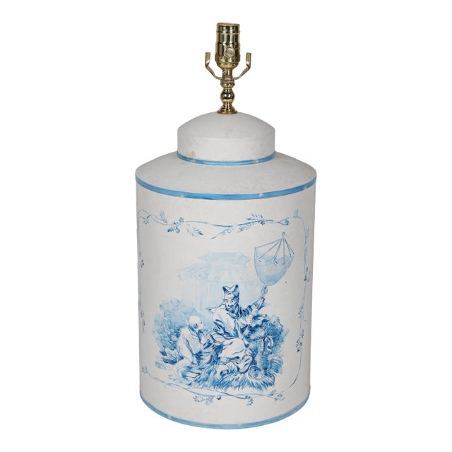 A Pair Vintage English Export Tea Caddy Hand-Painted Chinoiserie Figurines Table Lamp For Sale - Image 9 of 10