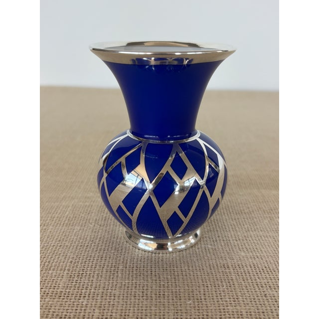 Vintage Art Deco Weimar Porcelain Cobalt Blue Silver Overlay Small Bottle Vase For Sale In San Diego - Image 6 of 9