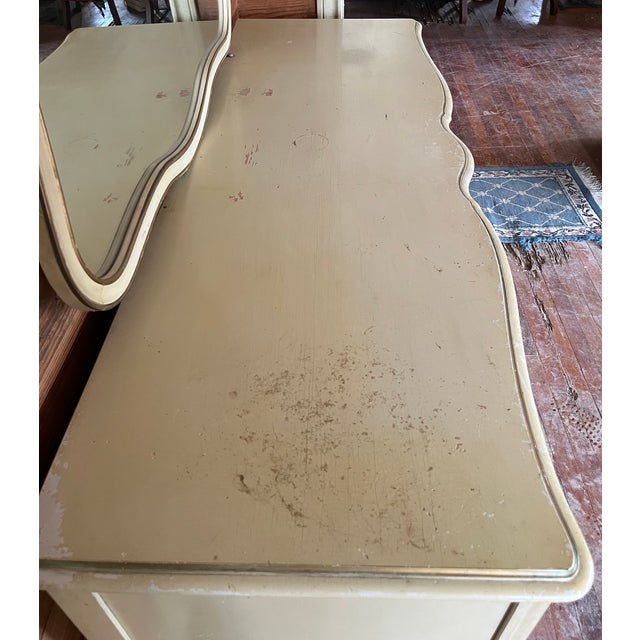 Cream Drexel French Provincial Style 9-Drawer Triple Dresser With Mirror | Serpentine Front | 1960s For Sale - Image 8 of 18