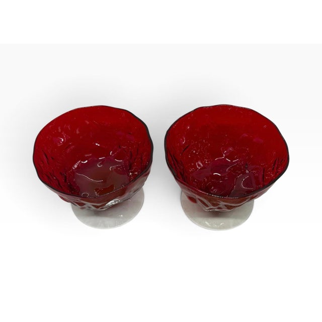 Vintage Seneca Glass Driftwood Casual Pattern 3” Ruby Red Champagne Coupes Tall Footed Sherbets - A Pair For Sale - Image 11 of 12