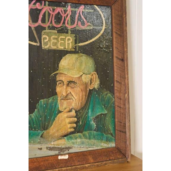 American 1980s Signed Oil on Canvas of 'Old Albert' With Coors Beer Sign (D. 1983) | in Handmade Oak Frame For Sale - Image 3 of 11