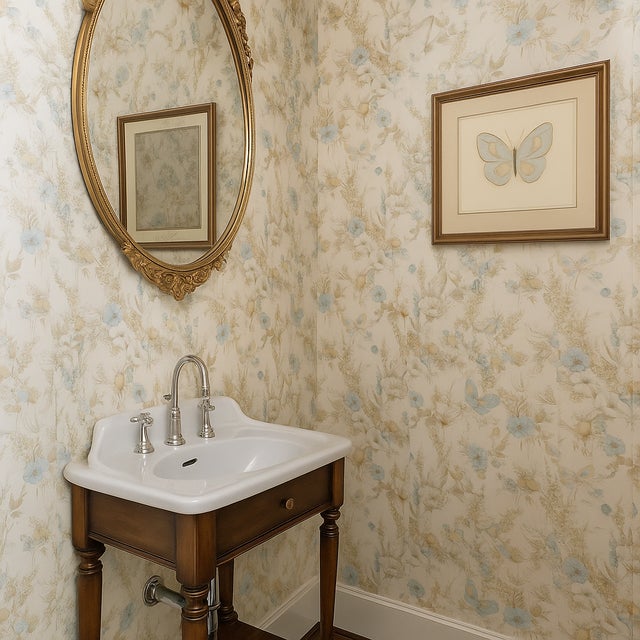 1980s Vintage 1980s Blue and Beige Floral Motif Wallpaper For Sale - Image 5 of 6