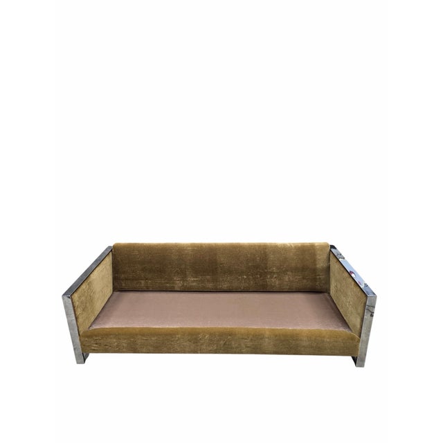 Camel MCM Adrian Pearsall Chrome Flat-Bar Cork-Sided Sofa & Loveseat Set Newly Reupholstered For Sale - Image 8 of 12