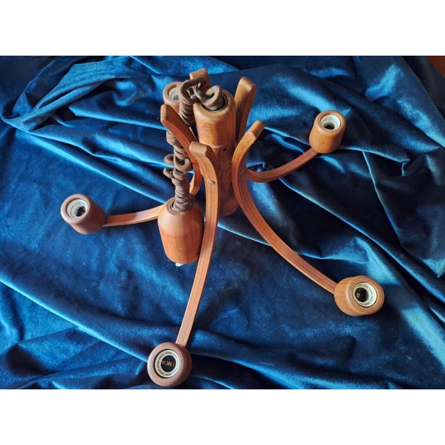 Wood Teak Variable Height Chandelier with Five Arms from Domus, Denmark, 1970s For Sale - Image 7 of 9