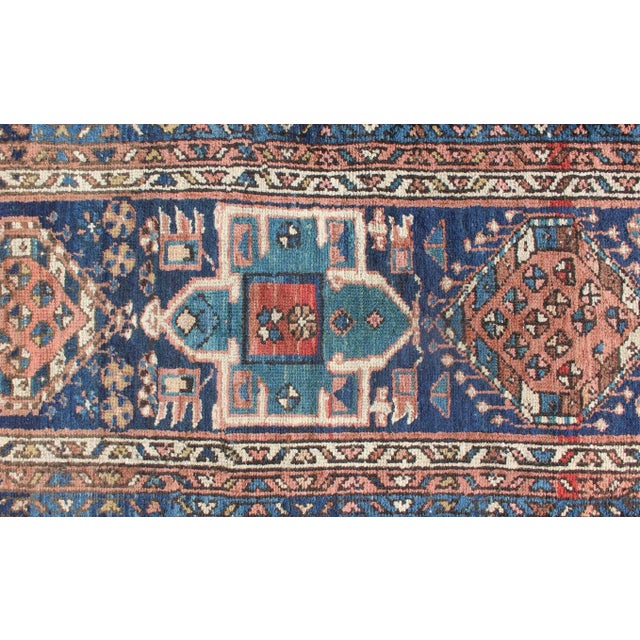 Textile Colorful Persian Antique Karajeh Runner in Blue and Brown For Sale - Image 7 of 13