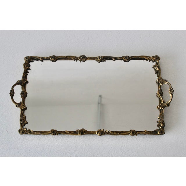 Vintage Mid-Century Rectangle German Style Floral Design Brass Frame Mirror Vanity Tray For Sale - Image 10 of 15