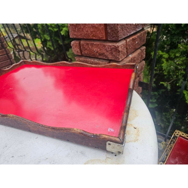 Pre-war wooden hotel tray, dimensions: height 7 cm, width with handles 58.5 cm, depth 38 cm.