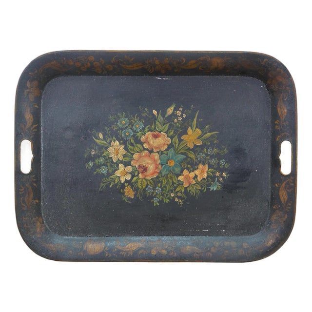 Antique Rectangular Painted Floral Toleware Tray Serving Platter With Handles For Sale