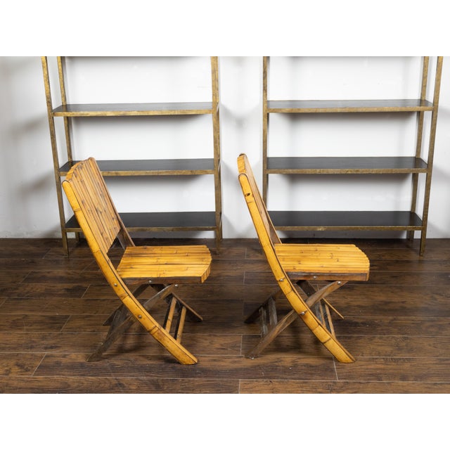 Brown Pair of Midcentury Bamboo Folding Chairs with Slatted Design and Light Patina For Sale - Image 8 of 10