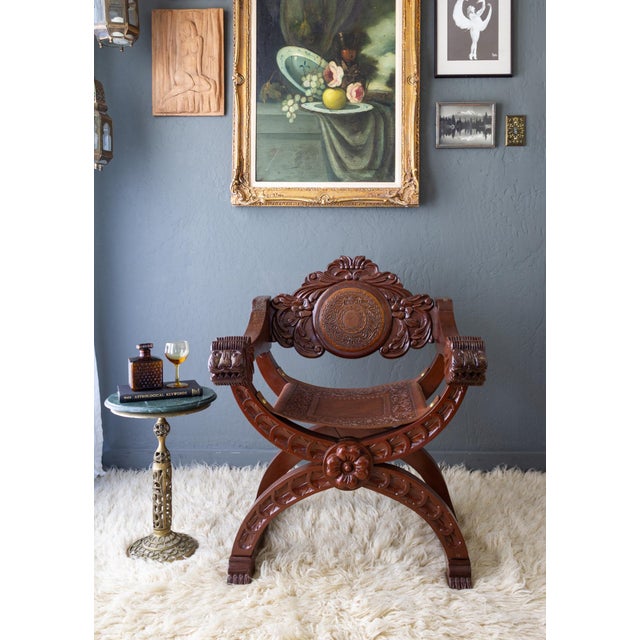Wood Spanish Colonial Savonarola Chair With Carved Lion Heads and Tooled Leather For Sale - Image 7 of 18