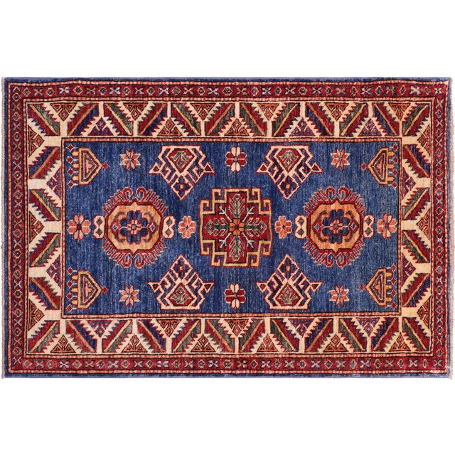 Southwestern Super Kazak Blue/Beige Wool Rug - 2'9'' X 3'8'' For Sale - Image 9 of 10