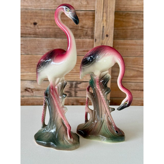 Art Deco Mid-20th Century Ceramic Coastal Flamingo Figurines – Set of Two For Sale - Image 3 of 12